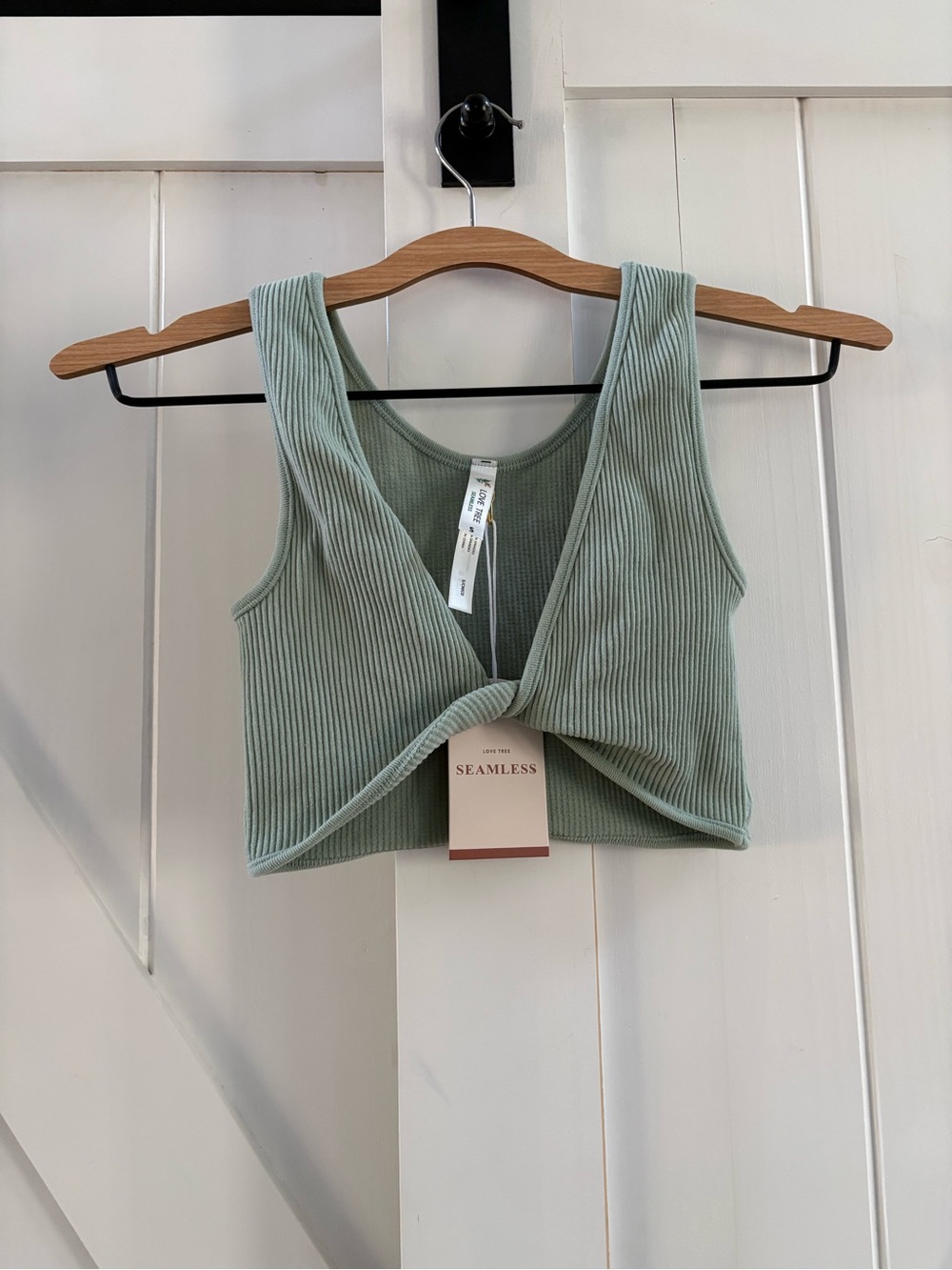 Love Tree Seamless Sage Green Ribbed Twist-Front Crop Top
